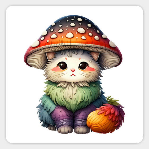 Cute rainbow kitten wearing toadstool mushroom cap Magnet by Luxinda