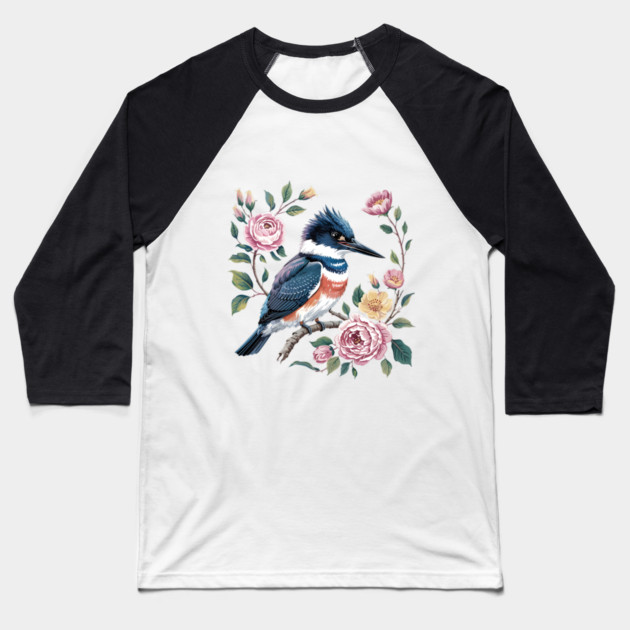Belted Kingfisher with Vintage Garden Roses Baseball T-Shirt by BirdsnStuff