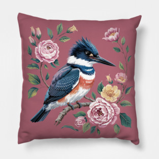 Belted Kingfisher with Vintage Garden Roses Pillow