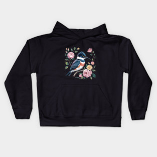 Belted Kingfisher with Vintage Garden Roses Kids Hoodie