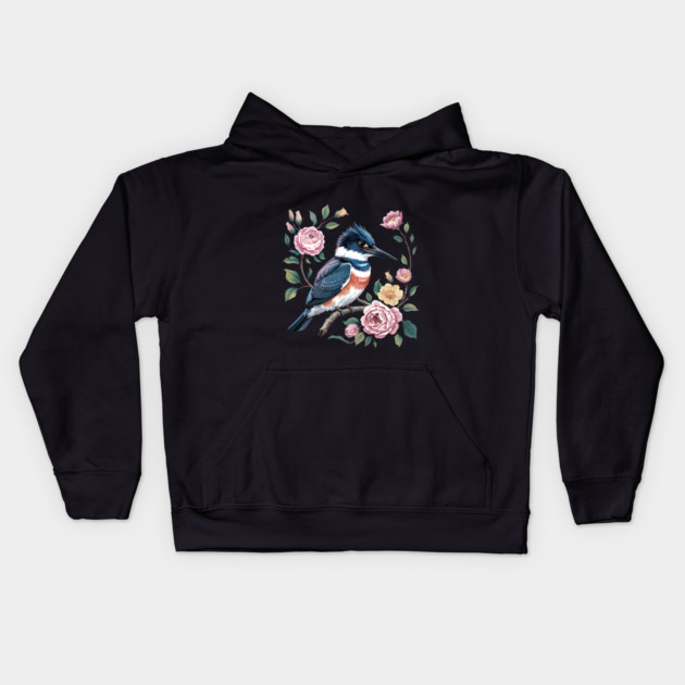 Belted Kingfisher with Vintage Garden Roses Kids Hoodie by BirdsnStuff
