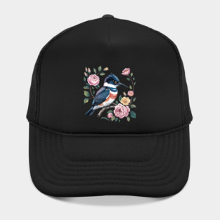 Belted Kingfisher with Vintage Garden Roses Hat