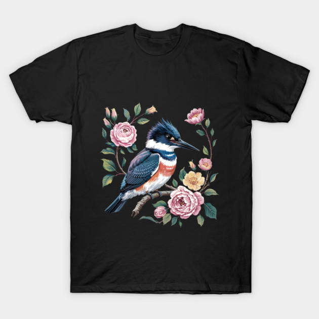 Belted Kingfisher with Vintage Garden Roses T-Shirt by BirdsnStuff