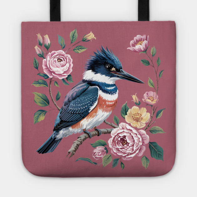 Belted Kingfisher with Vintage Garden Roses Tote by BirdsnStuff