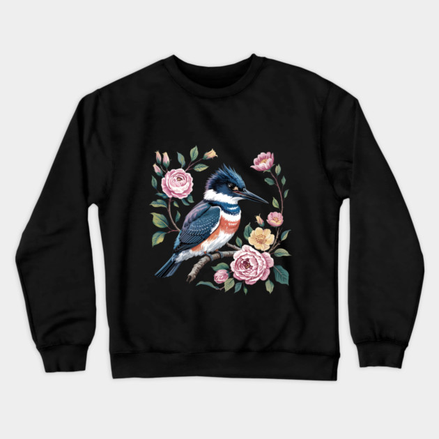 Belted Kingfisher with Vintage Garden Roses Crewneck Sweatshirt by BirdsnStuff