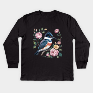 Belted Kingfisher with Vintage Garden Roses Kids Long Sleeve T-Shirt