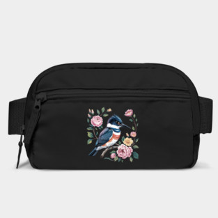 Belted Kingfisher with Vintage Garden Roses Bag