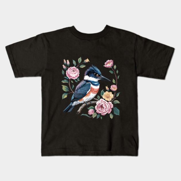 Belted Kingfisher with Vintage Garden Roses Kids T-Shirt by BirdsnStuff