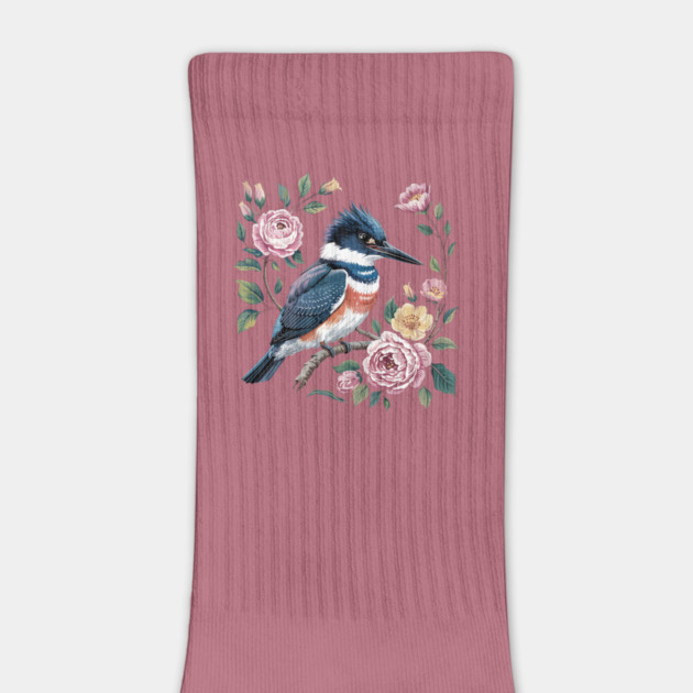 Belted Kingfisher with Vintage Garden Roses by BirdsnStuff