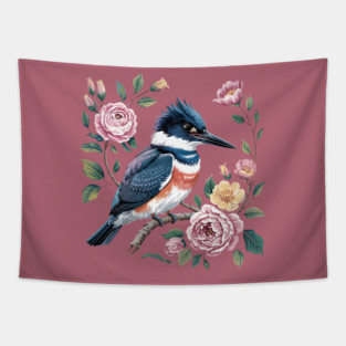 Belted Kingfisher with Vintage Garden Roses Tapestry