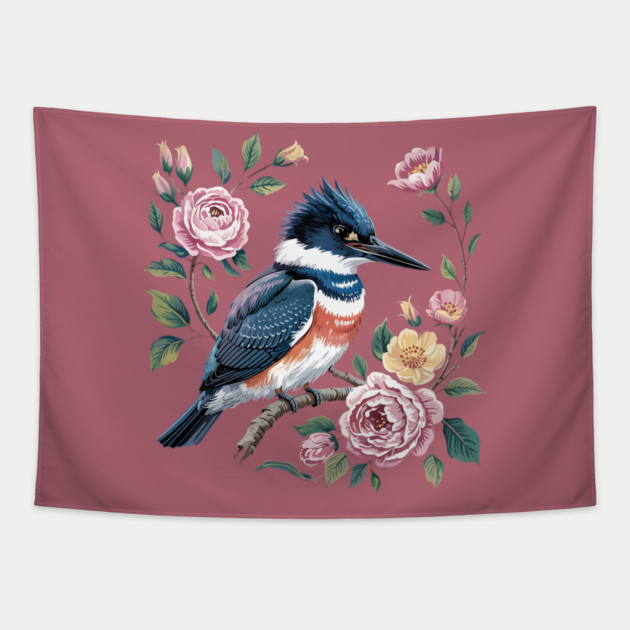 Belted Kingfisher with Vintage Garden Roses Tapestry by BirdsnStuff