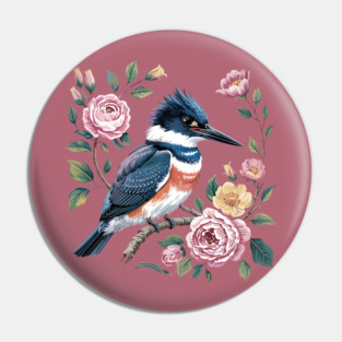 Belted Kingfisher with Vintage Garden Roses Pin