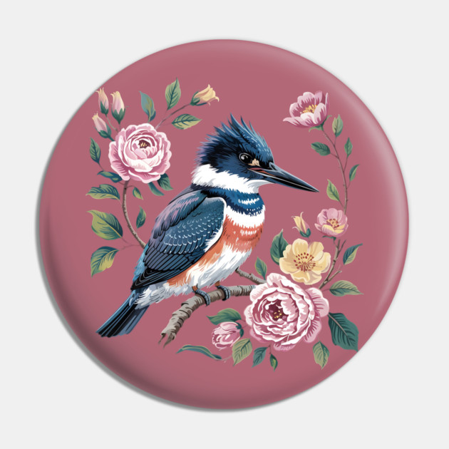 Belted Kingfisher with Vintage Garden Roses Pin by BirdsnStuff