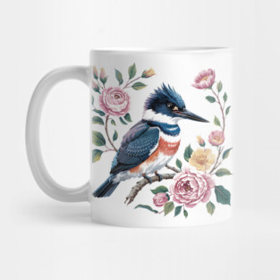 Belted Kingfisher with Vintage Garden Roses Mug