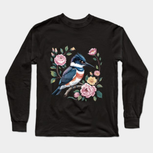 Belted Kingfisher with Vintage Garden Roses Long Sleeve T-Shirt