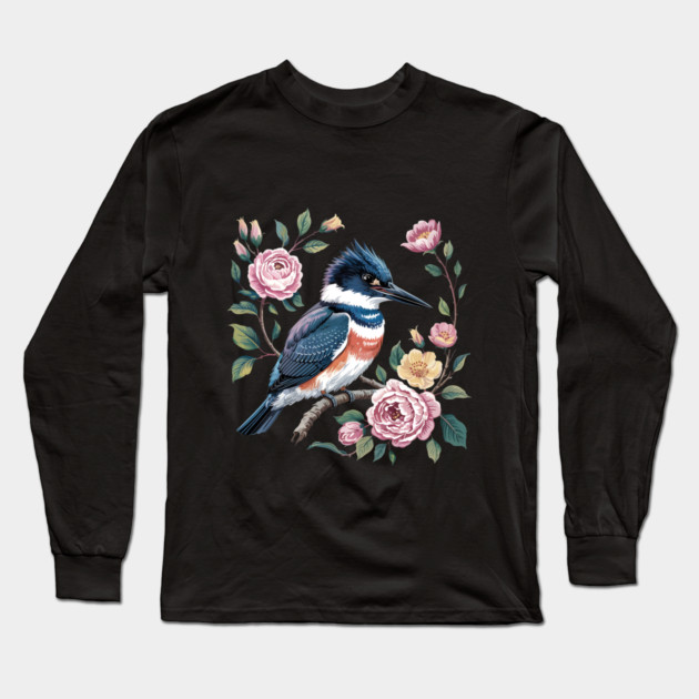 Belted Kingfisher with Vintage Garden Roses Long Sleeve T-Shirt by BirdsnStuff