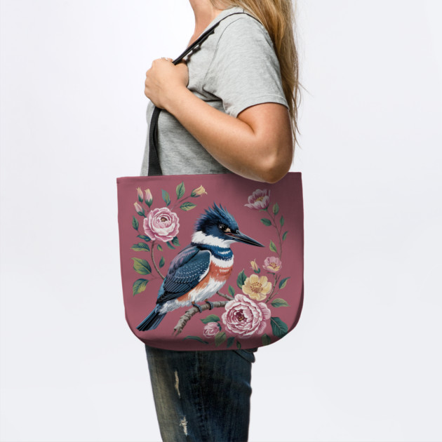 Belted Kingfisher with Vintage Garden Roses by BirdsnStuff