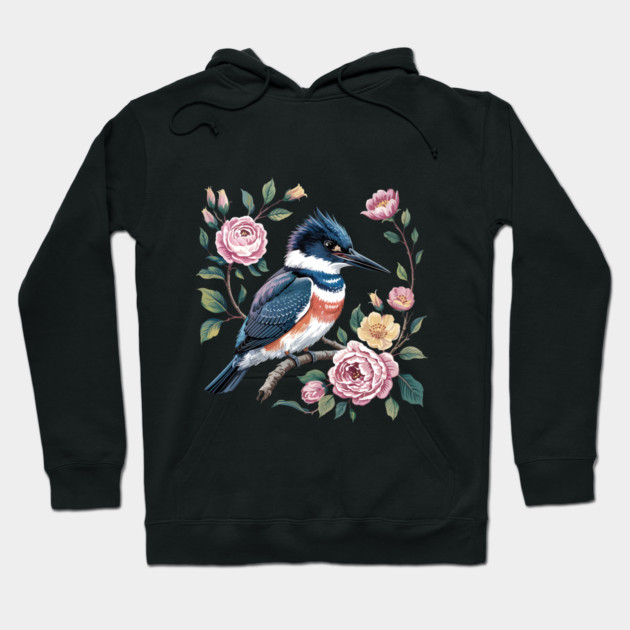 Belted Kingfisher with Vintage Garden Roses Hoodie by BirdsnStuff