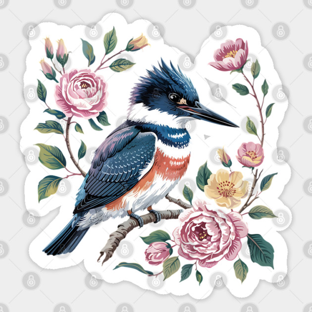 Belted Kingfisher with Vintage Garden Roses Sticker by BirdsnStuff