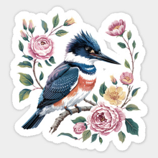 Belted Kingfisher with Vintage Garden Roses Magnet