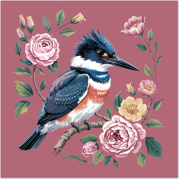Belted Kingfisher with Vintage Garden Roses Wall Art by BirdsnStuff