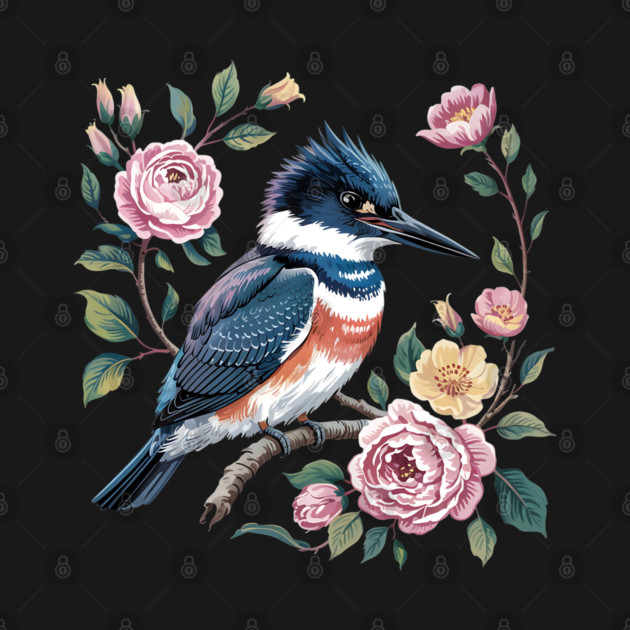 Belted Kingfisher with Vintage Garden Roses by BirdsnStuff