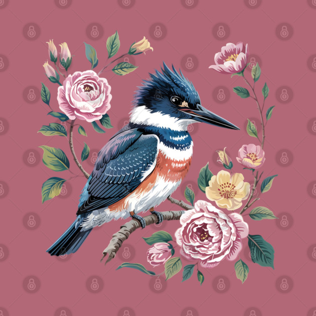 Belted Kingfisher with Vintage Garden Roses by BirdsnStuff