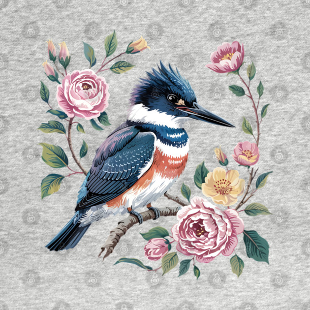 Belted Kingfisher with Vintage Garden Roses by BirdsnStuff