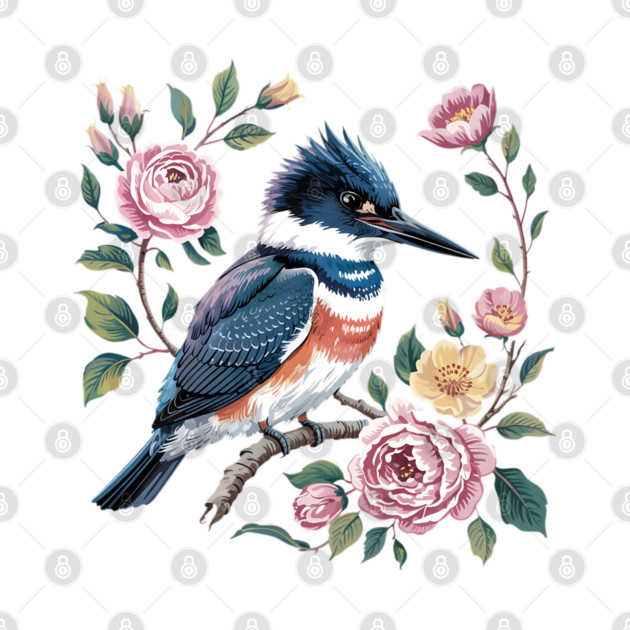 Belted Kingfisher with Vintage Garden Roses by BirdsnStuff