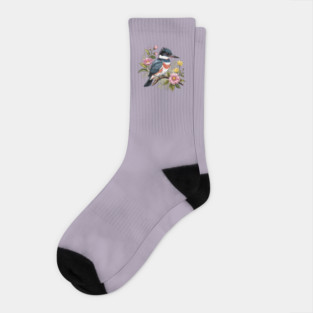 Vintage Belted Kingfisher Perched Among Botanical Blossoms Socks