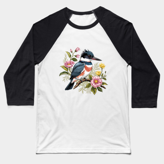 Vintage Belted Kingfisher Perched Among Botanical Blossoms Baseball T-Shirt by BirdsnStuff