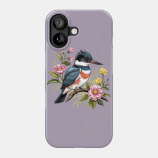 Vintage Belted Kingfisher Perched Among Botanical Blossoms Phone Case