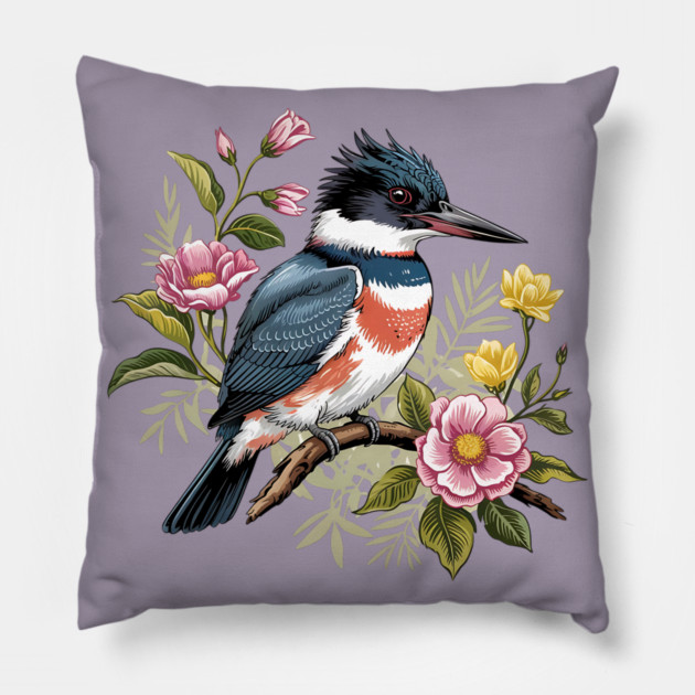 Vintage Belted Kingfisher Perched Among Botanical Blossoms Pillow by BirdsnStuff