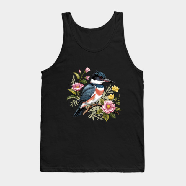 Vintage Belted Kingfisher Perched Among Botanical Blossoms Tank Top by BirdsnStuff