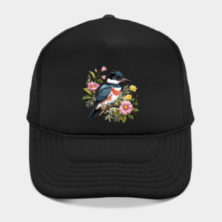 Vintage Belted Kingfisher Perched Among Botanical Blossoms Hat