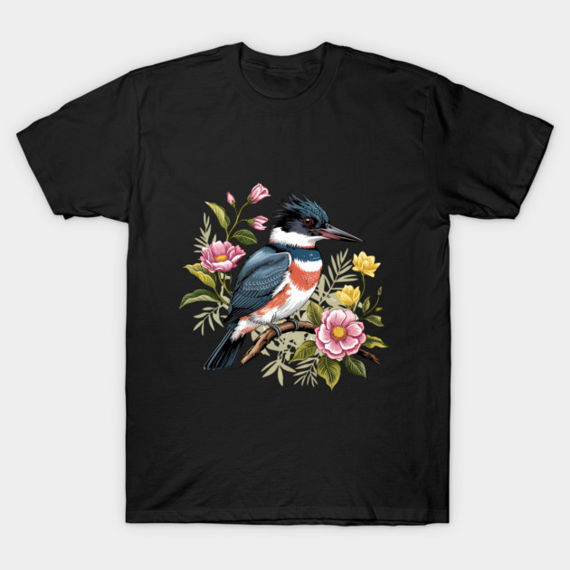 Vintage Belted Kingfisher Perched Among Botanical Blossoms T-Shirt by BirdsnStuff
