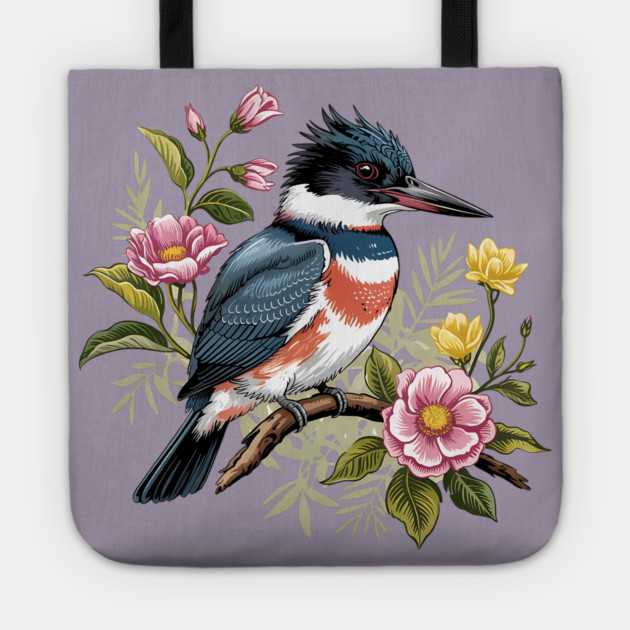 Vintage Belted Kingfisher Perched Among Botanical Blossoms Tote by BirdsnStuff