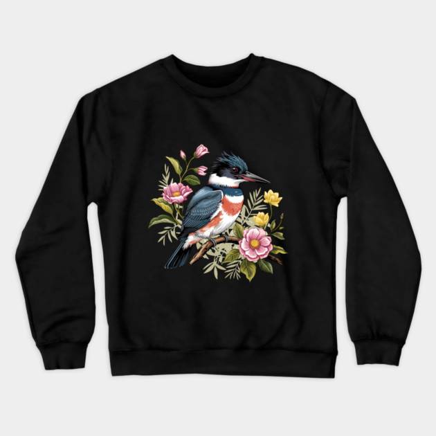 Vintage Belted Kingfisher Perched Among Botanical Blossoms Crewneck Sweatshirt by BirdsnStuff