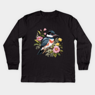 Vintage Belted Kingfisher Perched Among Botanical Blossoms Kids Long Sleeve T-Shirt