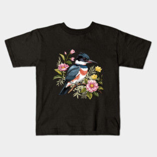 Vintage Belted Kingfisher Perched Among Botanical Blossoms Kids T-Shirt