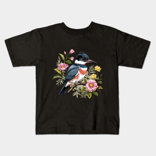 Vintage Belted Kingfisher Perched Among Botanical Blossoms Kids T-Shirt by BirdsnStuff