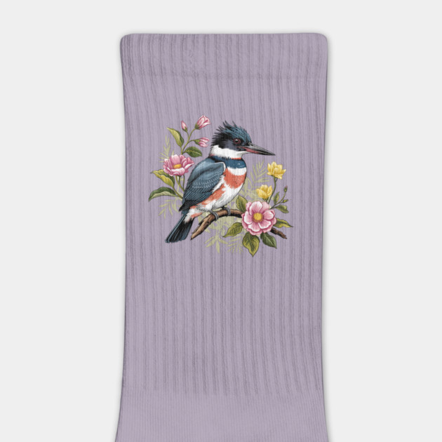 Vintage Belted Kingfisher Perched Among Botanical Blossoms by BirdsnStuff