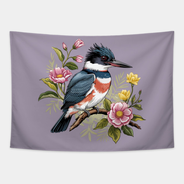 Vintage Belted Kingfisher Perched Among Botanical Blossoms Tapestry by BirdsnStuff