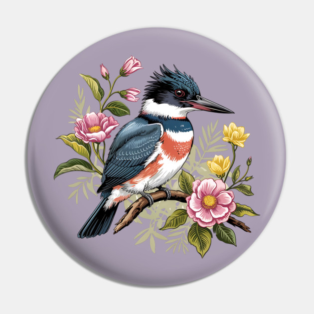 Vintage Belted Kingfisher Perched Among Botanical Blossoms Pin by BirdsnStuff