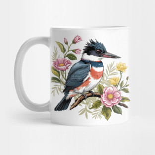 Vintage Belted Kingfisher Perched Among Botanical Blossoms Mug