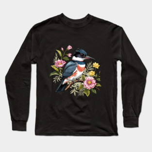Vintage Belted Kingfisher Perched Among Botanical Blossoms Long Sleeve T-Shirt