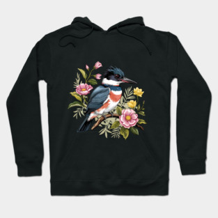 Vintage Belted Kingfisher Perched Among Botanical Blossoms Hoodie