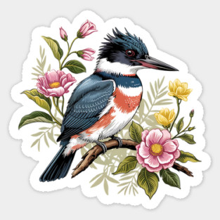 Vintage Belted Kingfisher Perched Among Botanical Blossoms Sticker