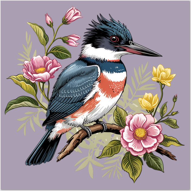 Vintage Belted Kingfisher Perched Among Botanical Blossoms Wall Art by BirdsnStuff
