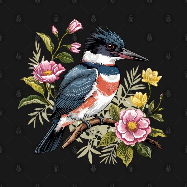 Vintage Belted Kingfisher Perched Among Botanical Blossoms by BirdsnStuff
